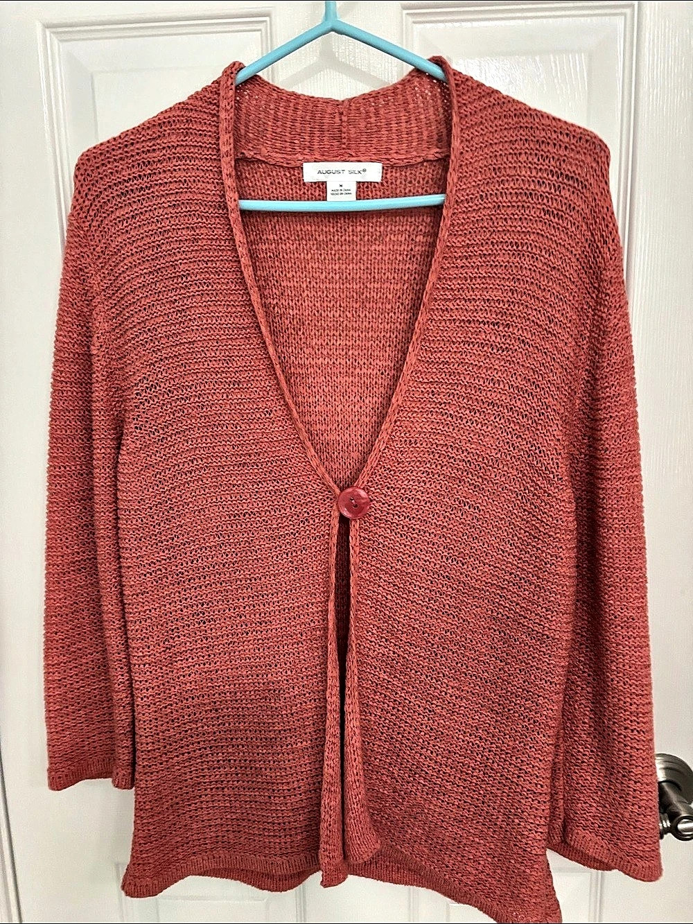 August Silk Open Knit Cardigan in rust color Size Medium